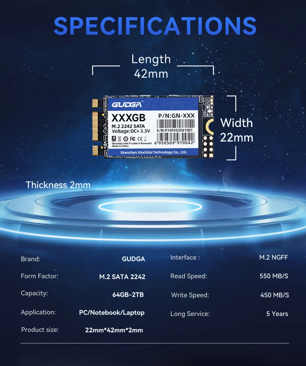 GUDGA M.2 SATA SSD – 128GB to 1TB Internal Drive (2242 & 2280)