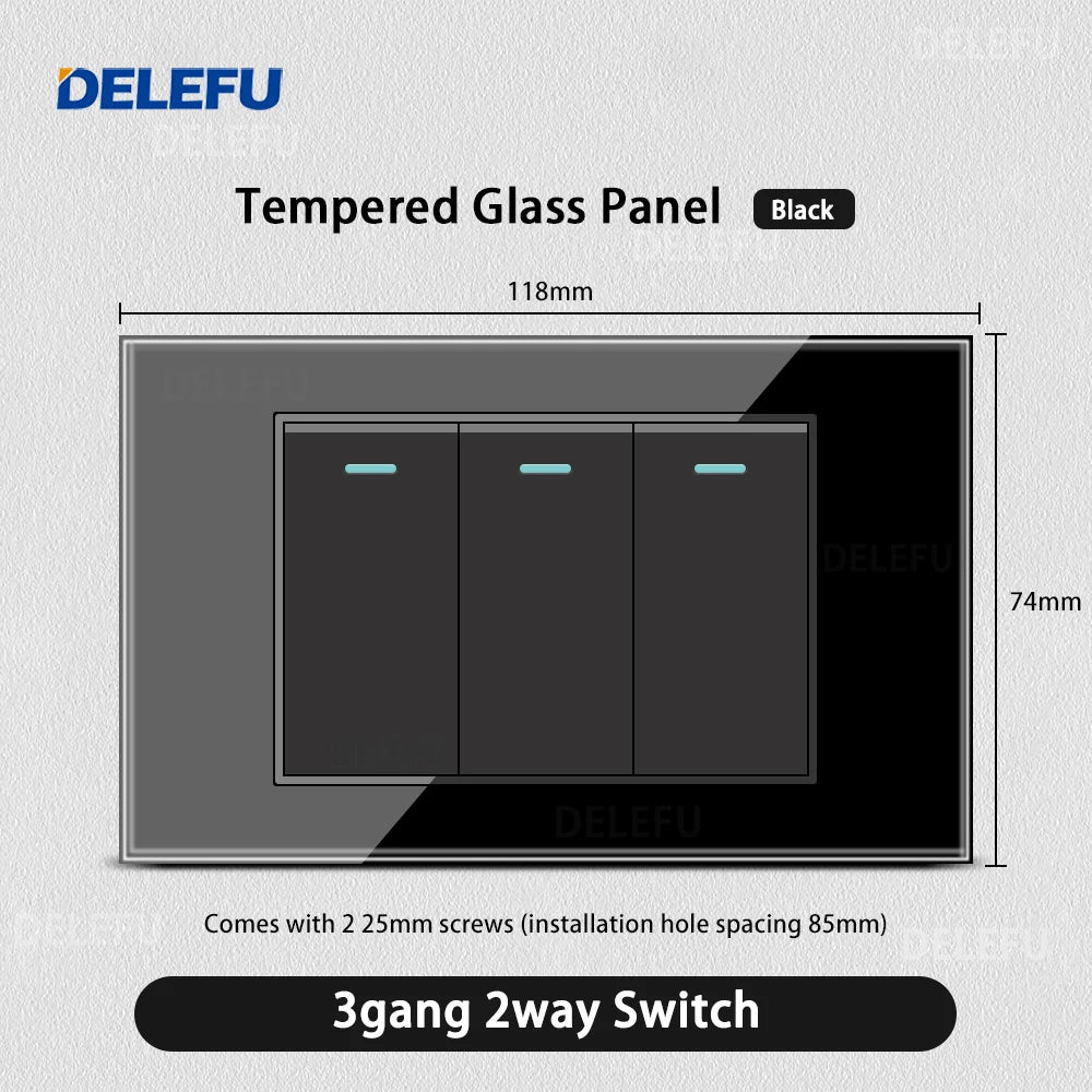 DELEFU Black Tempered Glass Wall Socket – USB Type-C Fast Charging Schuko & Italy