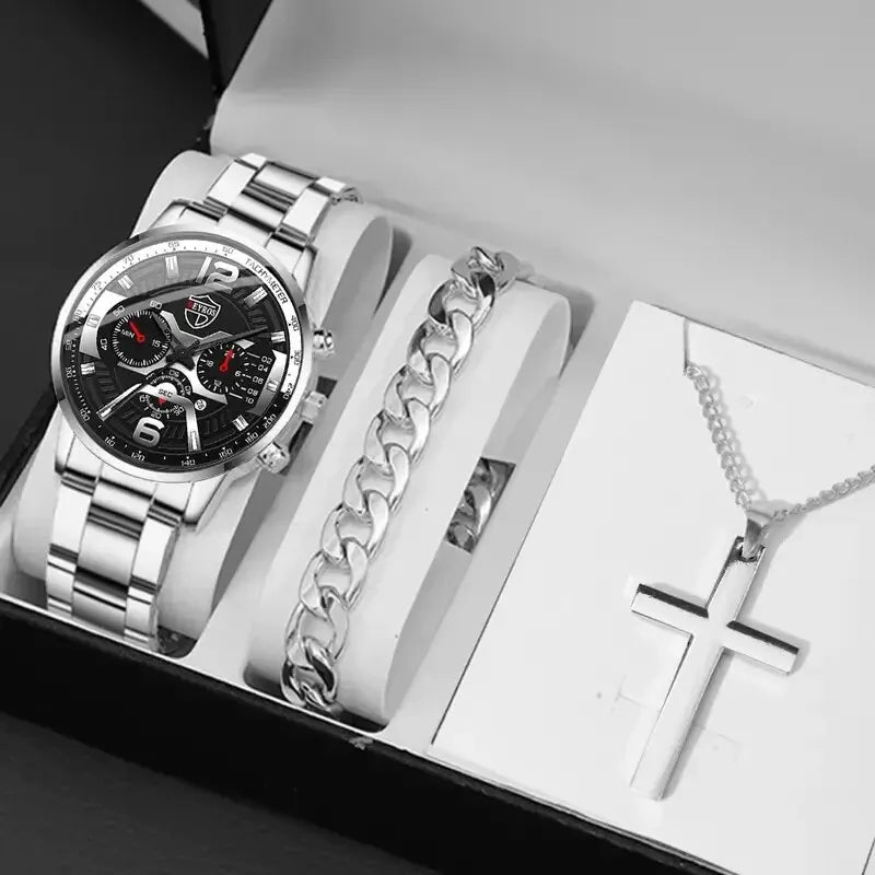 DEYROS 5-piece men's watch and jewelry gift set with quartz calendar watch, necklace, and bracelet from R.E.D. Shopping