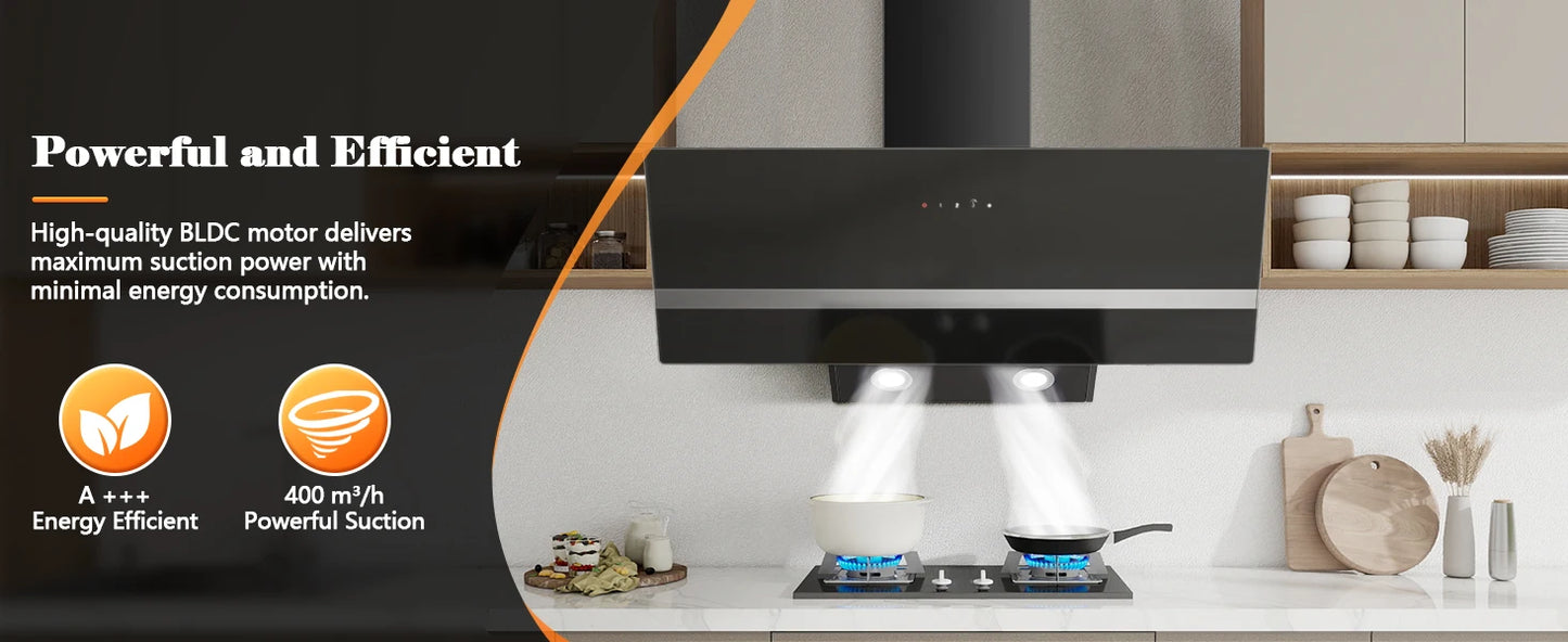 90cm Wall-Mounted Range Hood – A+++ Energy Class, 400m³/h, Touch Control, LED, Black Stainless Steel/Glass, 58dB