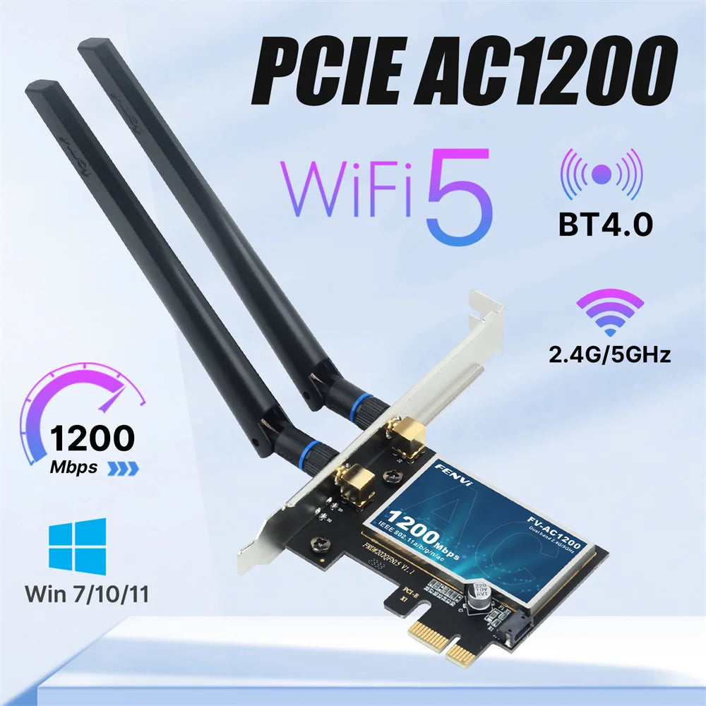 Fenvi FV-AC1200 PCIe WiFi Adapter | AC1200 Dual Band 2.4G+5G | Bluetooth 4.2 | Win 7/10/11 Desktop