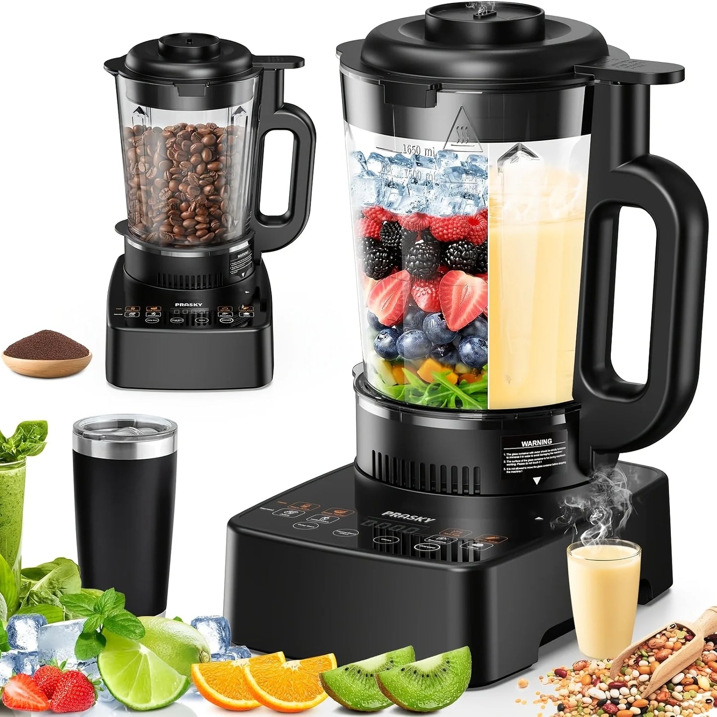 PRASKY 2400W Professional Heating Blender – 25,000 RPM, Auto-Clean, 55oz Glass Jar + To-Go Cup | Smoothies & Soups