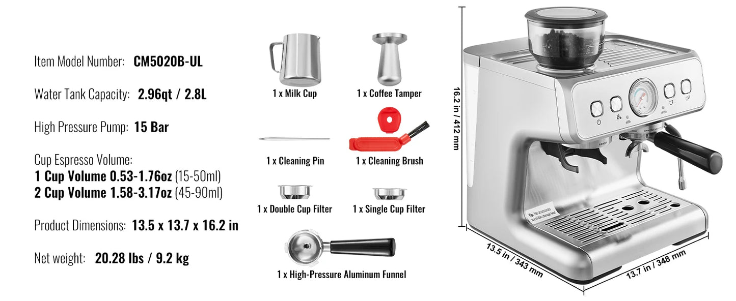 SucceBuy 15 Bar Semi-Automatic Espresso Machine with Grinder & Milk Frother