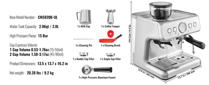 SucceBuy 15 Bar Espresso Machine with Grinder & Milk Frother | Semi-Automatic