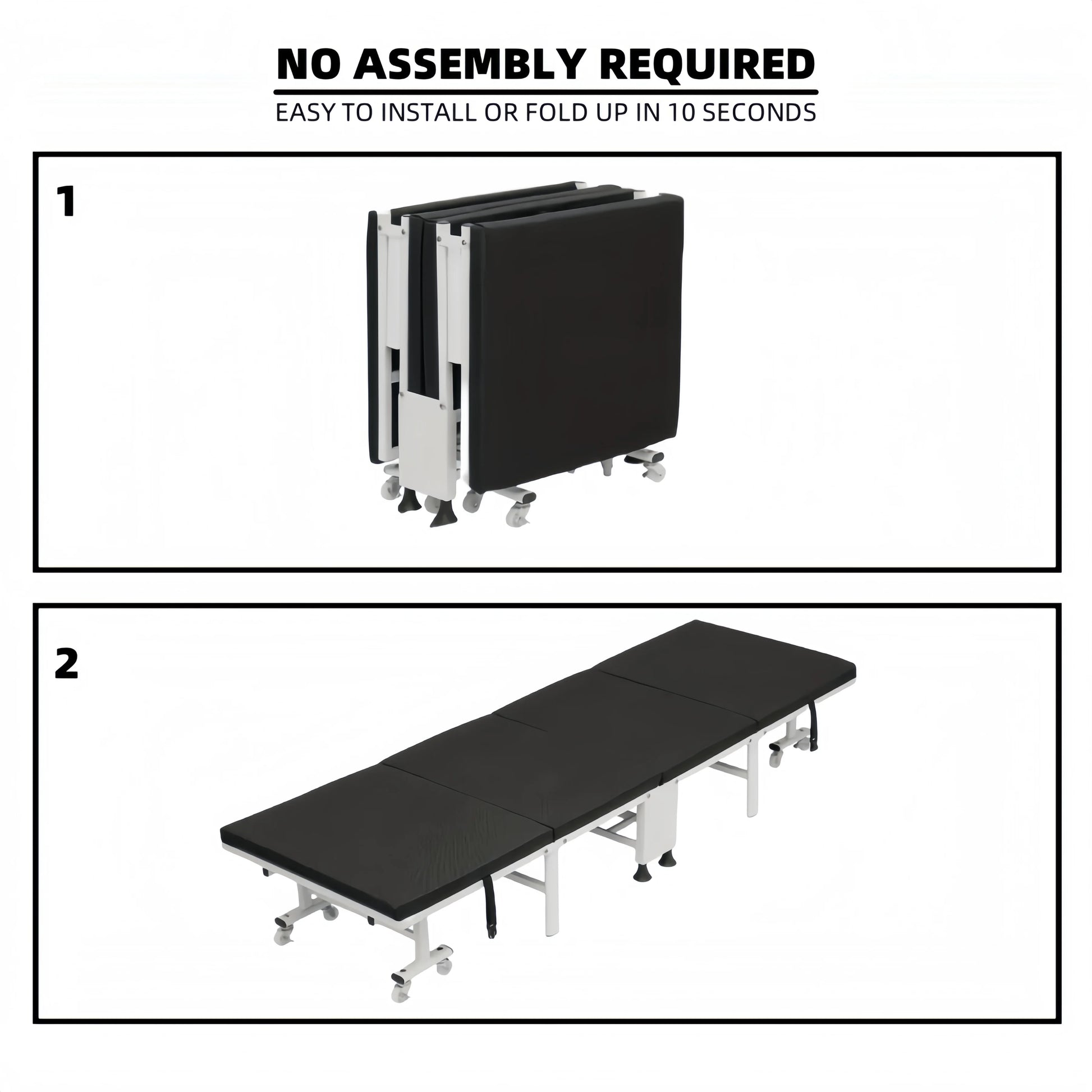 Heavy-duty folding bed with steel frame and lockable casters, available in 60, 70, 80, and 90cm, suitable for home bedroom use.