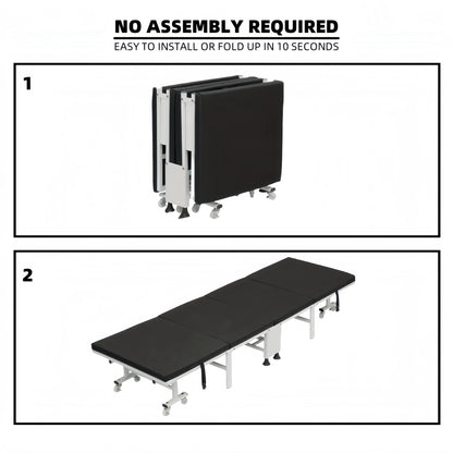 Heavy-duty folding bed with steel frame and lockable casters, available in 60, 70, 80, and 90cm, suitable for home bedroom use.