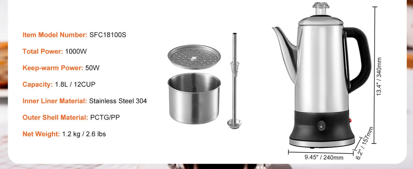 SucceBuy 12-Cup Electric Coffee Percolator – 304 Stainless Steel, Keep Warm, 1.8L