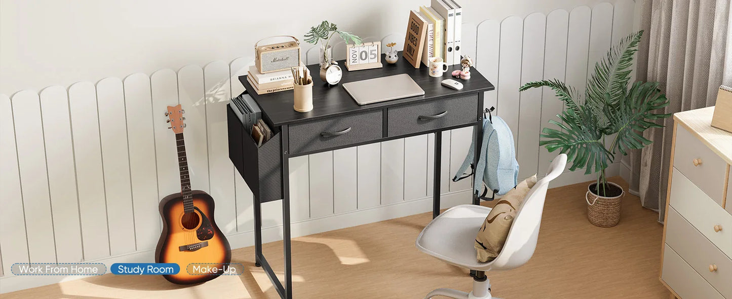 JHK 32" Office Desk with Fabric Storage Drawers & Side Bag – Metal Frame Home PC Table