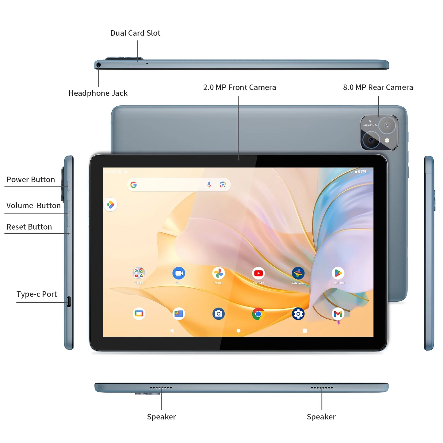 PRITOM TAB11 Tablet 10.1" – Android 15, 8GB+128GB, Octa Core, 5G WiFi, Keyboard+Mouse+Case