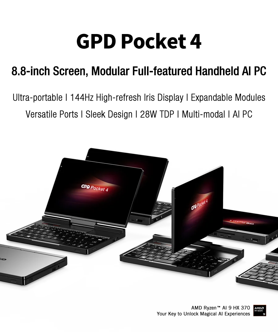 GPD Pocket 4 8.8" — AMD AI 9 HX 370, 64GB RAM, 2TB NVMe, 180° Flip, Portable Mini PC