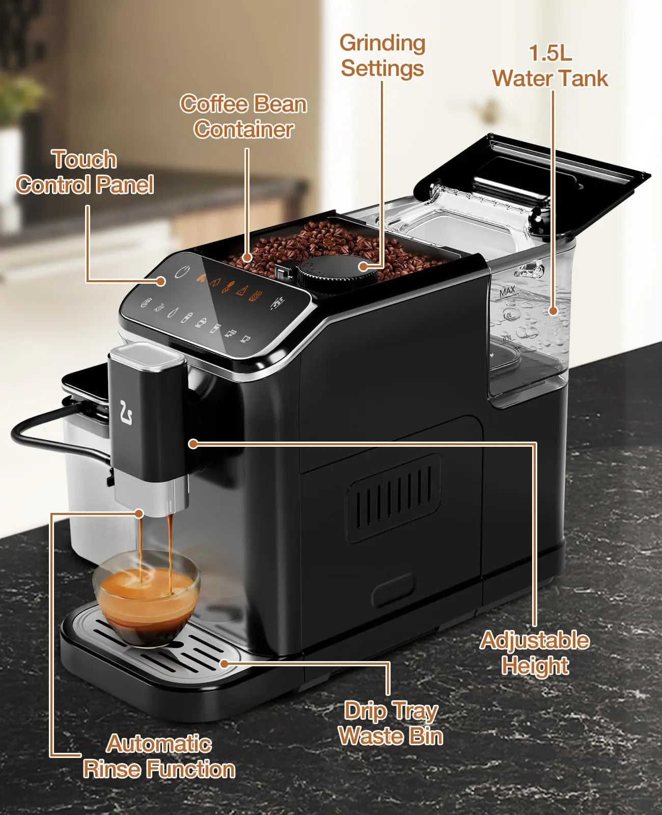 20 Bar Fully Automatic Espresso Machine – Built-in Grinder, Milk Frother, 6 Recipes, 1.5L Tank
