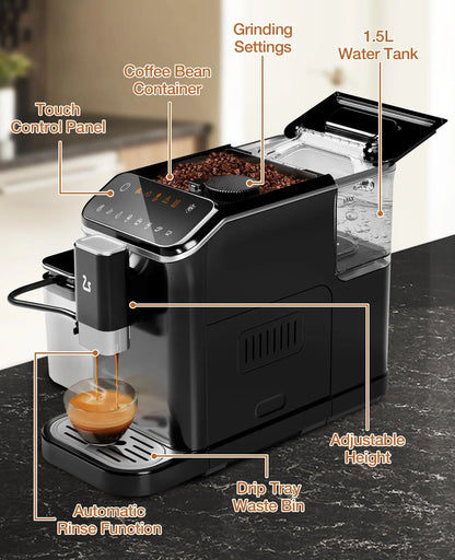 20 Bar Fully Automatic Espresso Machine – Built-in Grinder, Milk Frother, 6 Recipes, 1.5L Tank