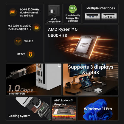 GenMachine AMD Ryzen Mini PC – Ryzen 4800U / 5300U / 5600H, 4K@60Hz, WiFi 6, DIY Gaming