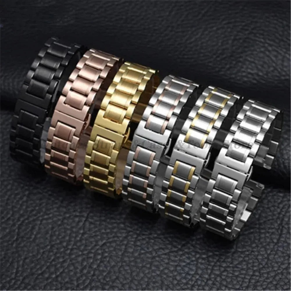 Curved End Solid Stainless Steel Watch Strap – Universal 12–24mm with Butterfly Clasp