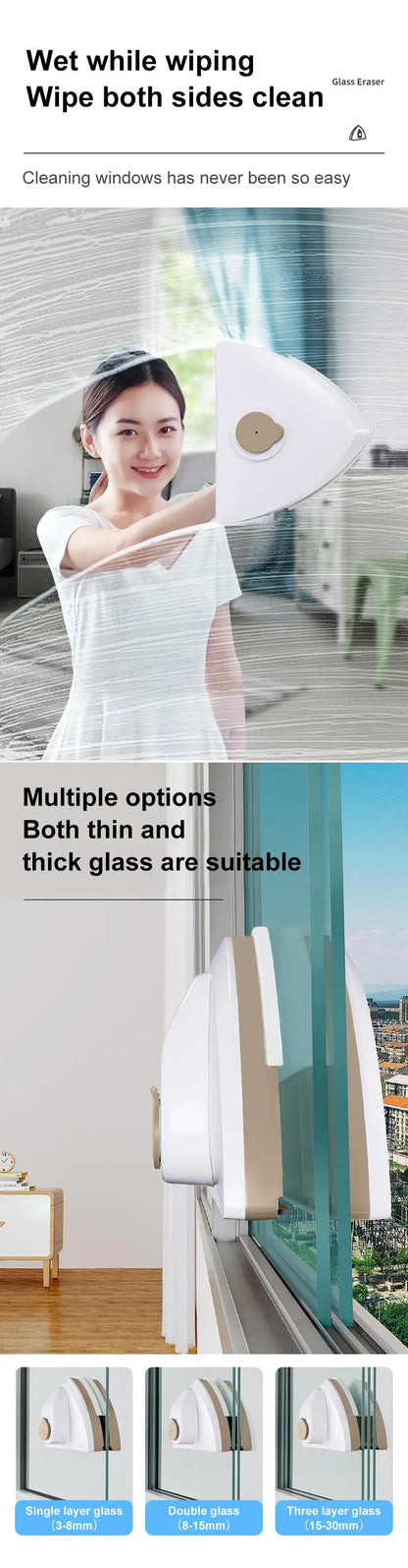 Magnetic double-sided window cleaner brush with auto water discharge wiper, ideal for kitchen and home cleaning by R.E.D. Shopping.
