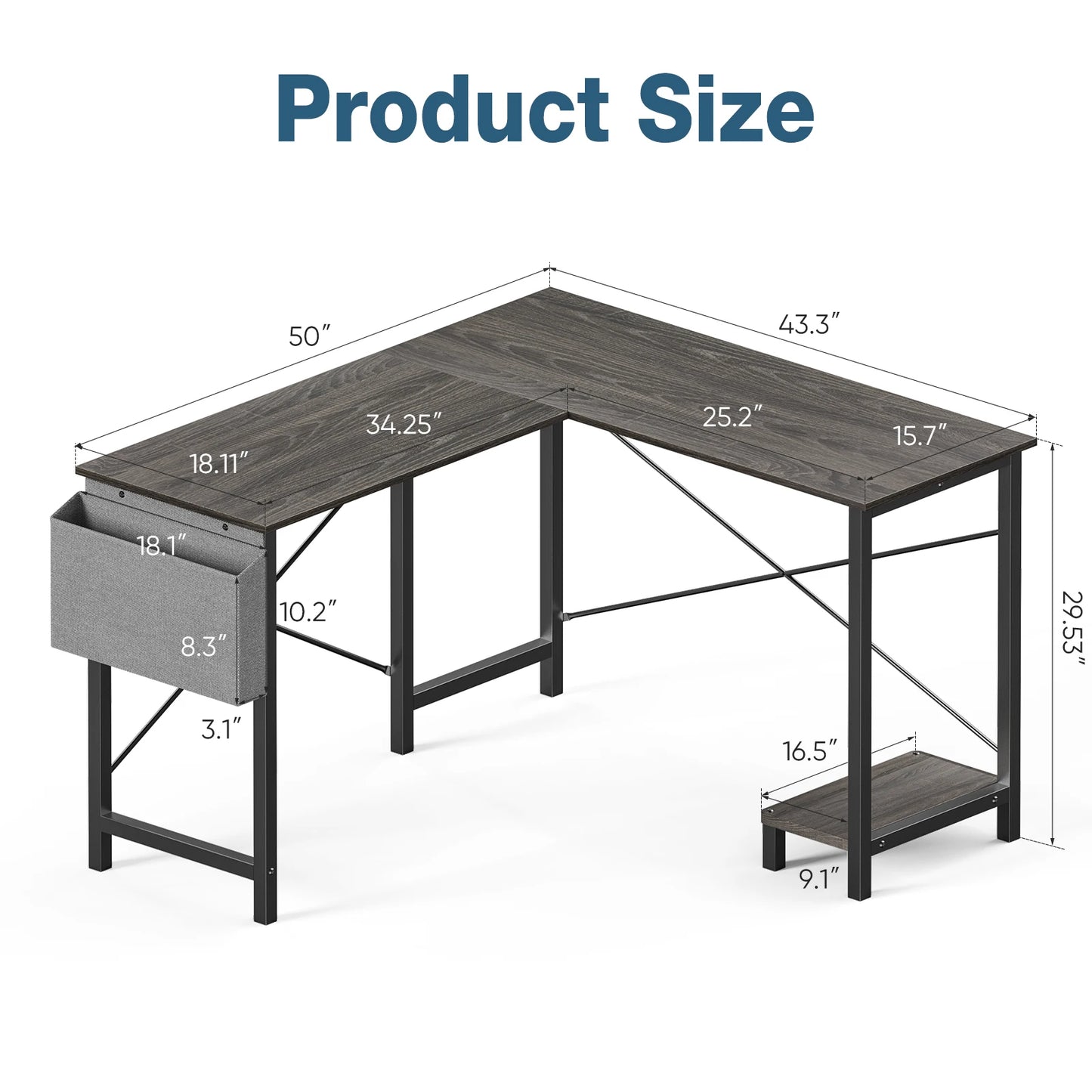 JHK 50" Gaming Corner Desk with CPU Shelf & Side Bag – Home Office & Bedroom