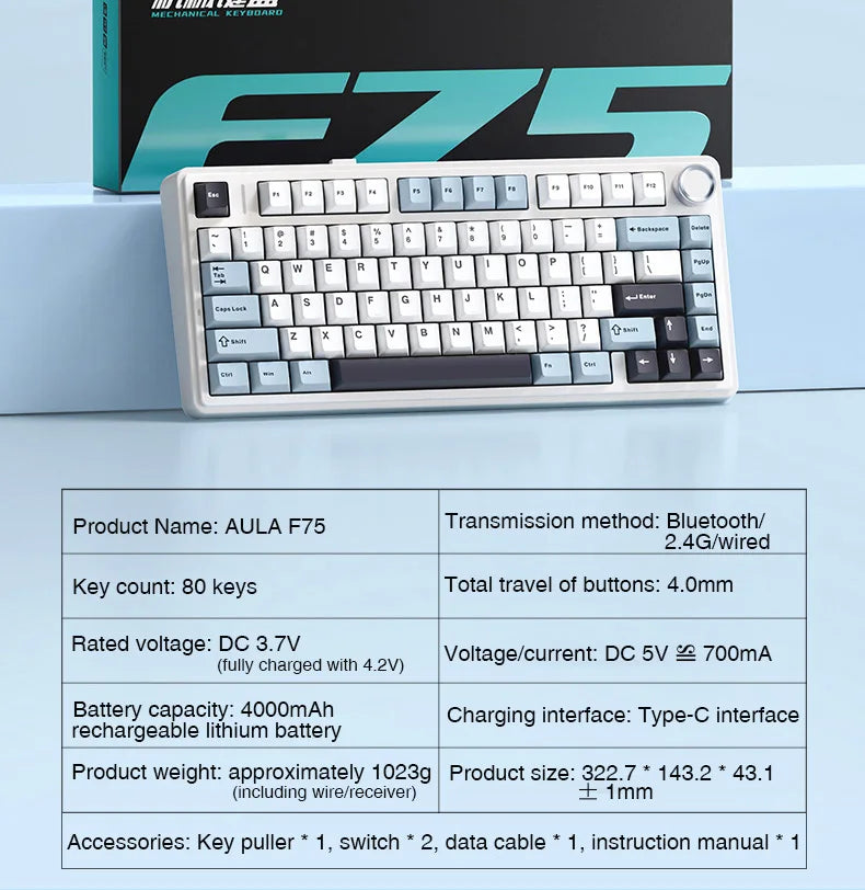 AULA F75 Mechanical Keyboard – 75% Layout, Tri-Mode (2.4G/BT/USB), RGB, Hot-Swap, PBT Keycaps