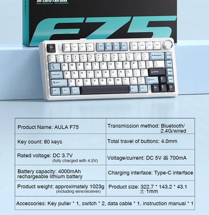 AULA F75 Mechanical Keyboard – 75% Layout, Tri-Mode (2.4G/BT/USB), RGB, Hot-Swap, PBT Keycaps