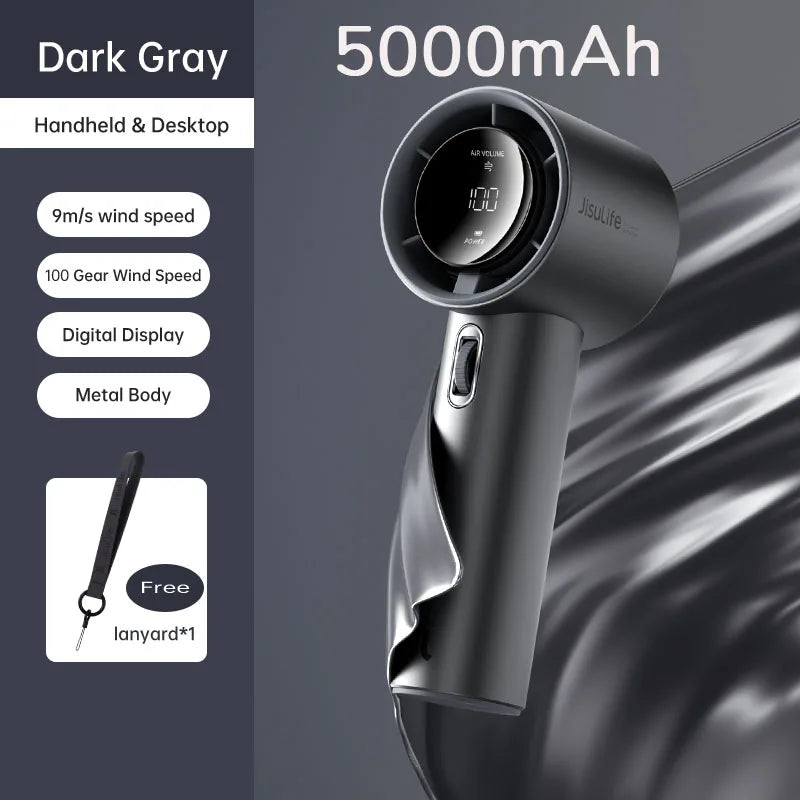JISULIFE Mini Portable Hand Fan – 100 Wind Speeds, LED Display, 3600/5000mAh, Brushless Motor