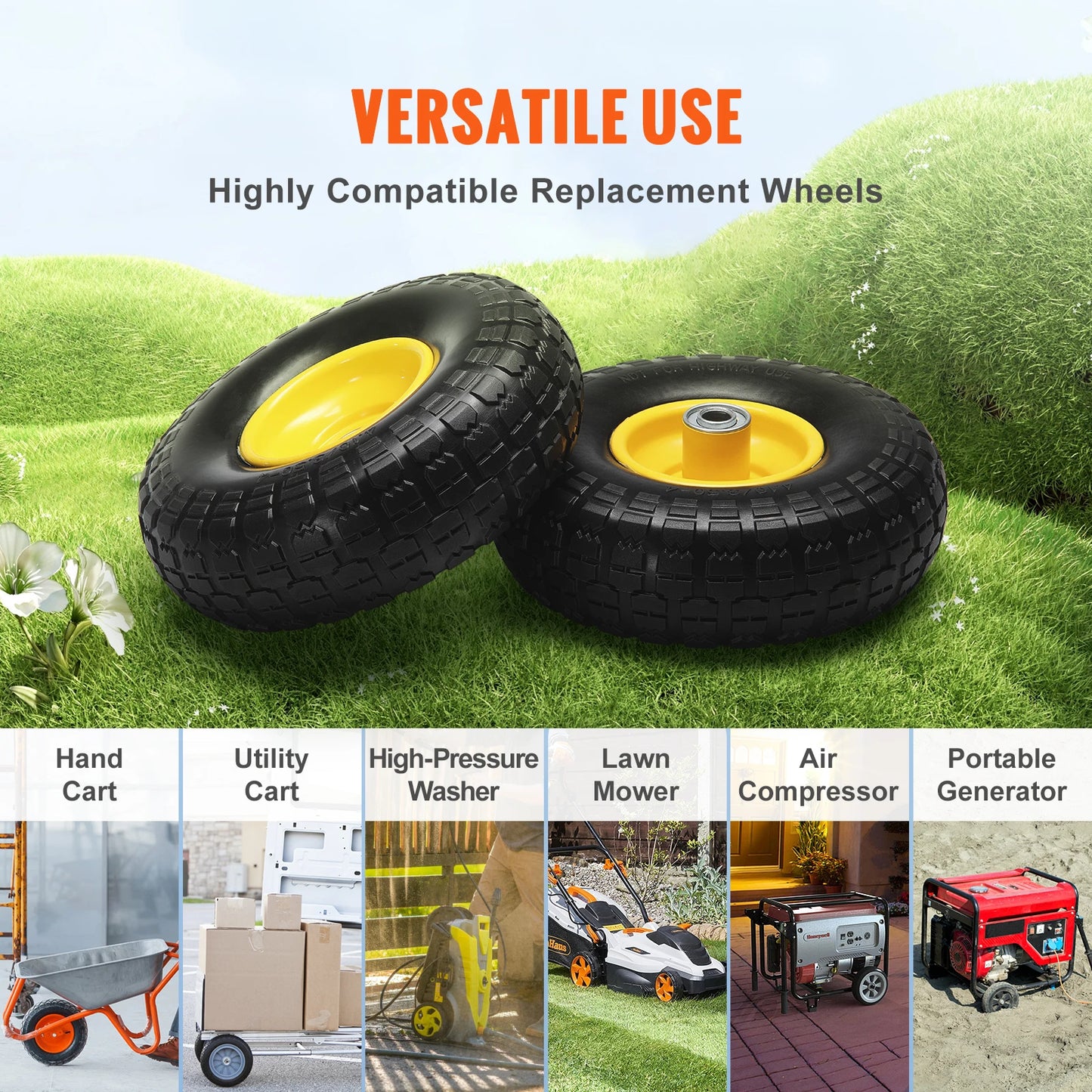 SucceBuy 10" Solid PU Run-Flat Tire Wheels – Flat-Free Tubeless | 2-Pack
