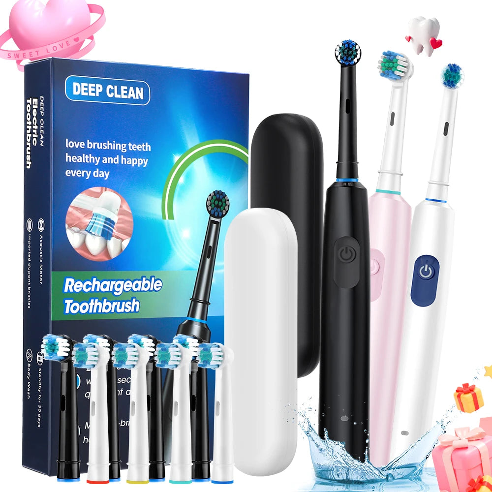 Round Rotating Electric Toothbrush – 5 Modes, 2 Timers, 4 Heads, Teeth Whitening