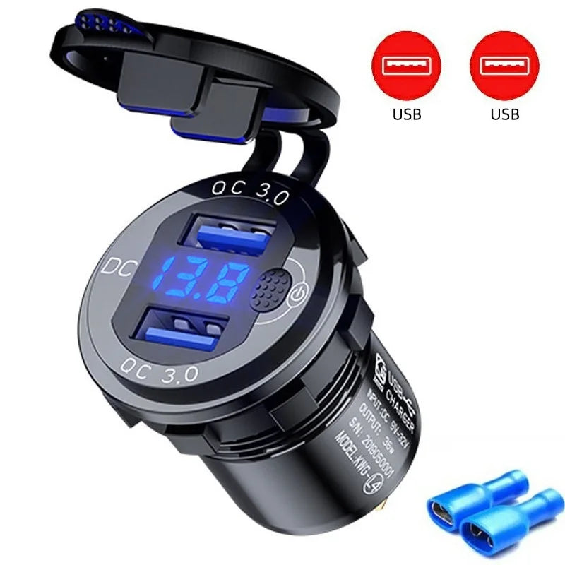 63W Aluminum USB-C Car Charger Socket – PD & QC3.0 Dual Port, 12V/24V for Car, Boat & Motorcycle
