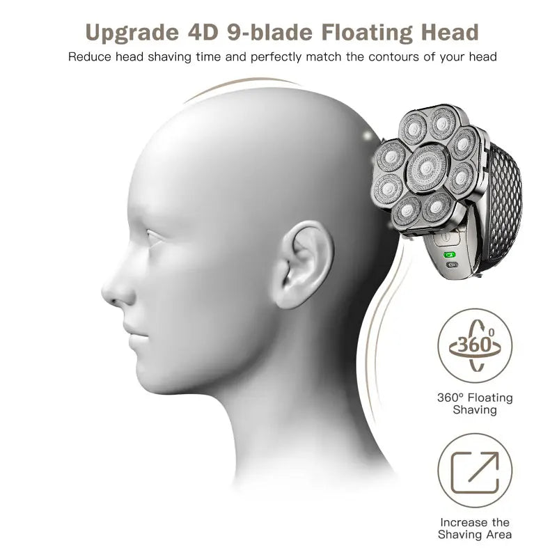 Men's Bald Head Shaver 6-in-1 | 9 Floating Blades | Beard, Nose & Ear Trimmer | Rechargeable