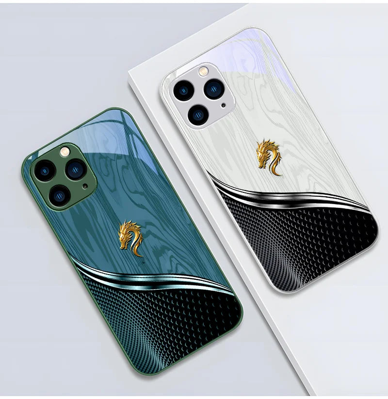 Wood grain dragon rose iPhone case with artistic design, tempered glass protective cover for mobile phones.