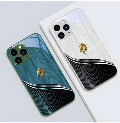 Wood grain dragon rose iPhone case with artistic design, tempered glass protective cover for mobile phones.