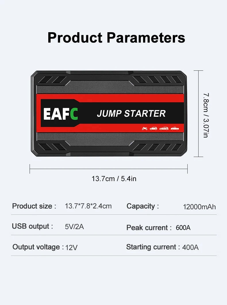 Car Jump Starter 600A-2000A | 12V Portable Battery Booster & Power Bank for Emergency Start (EAFC)