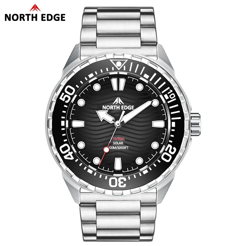 NORTH EDGE TRITON Solar Dive Watch – Men's Luxury Quartz, 316L Steel, 300M Waterproof, 2025