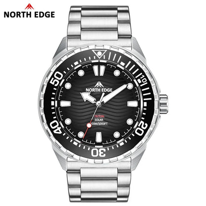 NORTH EDGE TRITON Solar Dive Watch – Men's Luxury Quartz, 316L Steel, 300M Waterproof, 2025