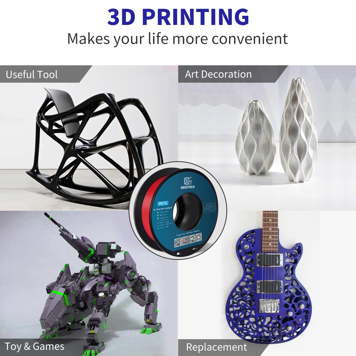 GEEETECH PETG 3D Printer Filament – 1.75mm, 1KG, Vacuum Packaging, Tangle-Free
