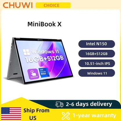 CHUWI MiniBook X 2-in-1 Laptop – Intel N150, 16GB, 512GB SSD, 10.51" FHD Touch