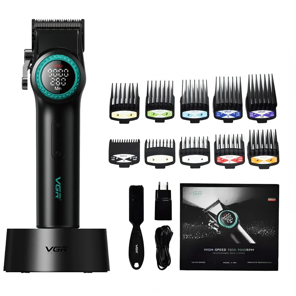 VGR V-001 Professional Hair Clipper – 9000RPM, 21-Speed, DLC Blades, 300min, USB