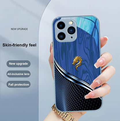 Wood grain dragon rose tempered glass iPhone case by R.E.D. Shopping, featuring artistic floral and dragon design, protective mobile cover