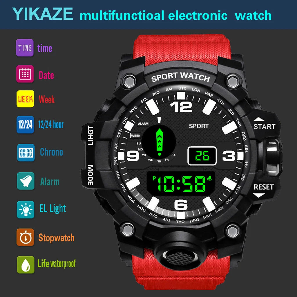 Men's sports electronic wristwatch with large dial, waterproof design, luminous display, and alarm from R.E.D. Shopping.
