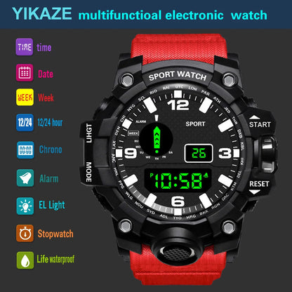 Men's sports electronic wristwatch with large dial, waterproof design, luminous display, and alarm from R.E.D. Shopping.