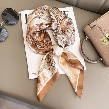 Fashion square silk scarf by R.E.D. Shopping, featuring vibrant patterns, styled as a hairband and neck shawl accessory.