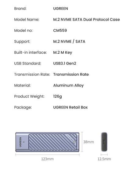 UGREEN M.2 NVMe SSD Enclosure – USB-C 3.2 Gen2 10Gbps Tool-Free External SSD Adapter