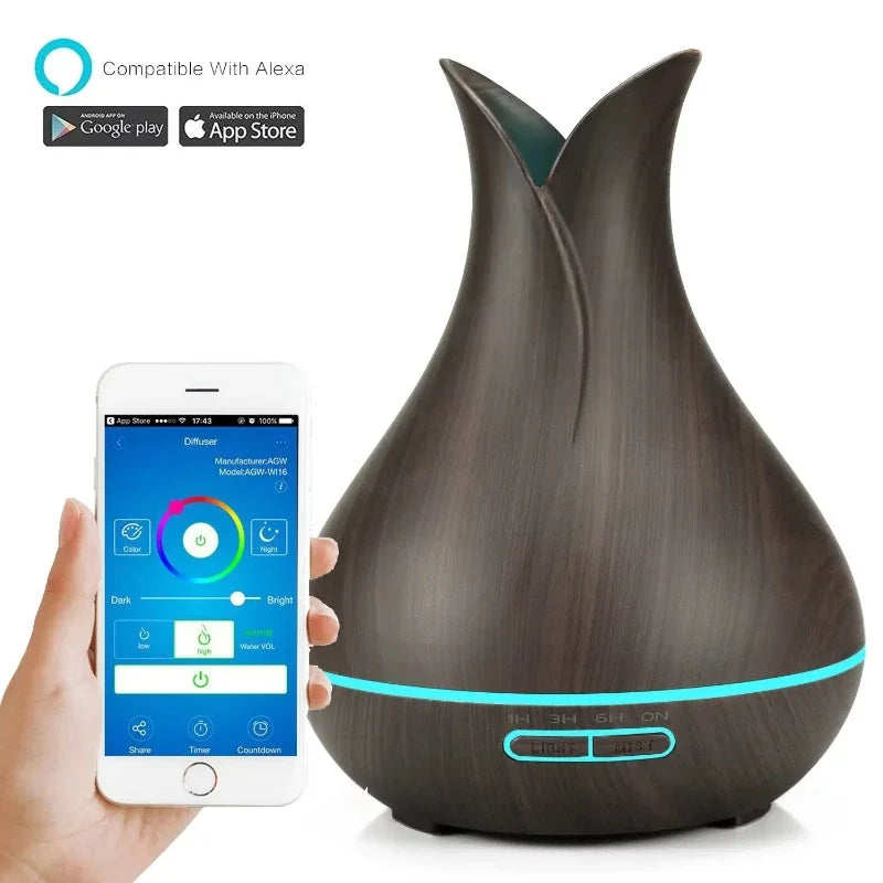 WiFi Smart Air Humidifier & Aroma Diffuser 400ml – Essential Oil, Wood Ball Design