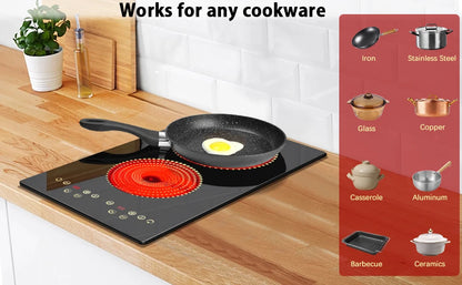 NOXTON 2-Zone Ceramic Hob – Plug-In, 99-Min Timer, Safety Lock, Countertop & Built-In, US 110V / EU-UK 220V