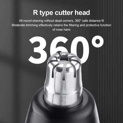 Rechargeable electric nose hair and eyebrow trimmer with stainless steel blades, portable, washable, unisex personal grooming device.