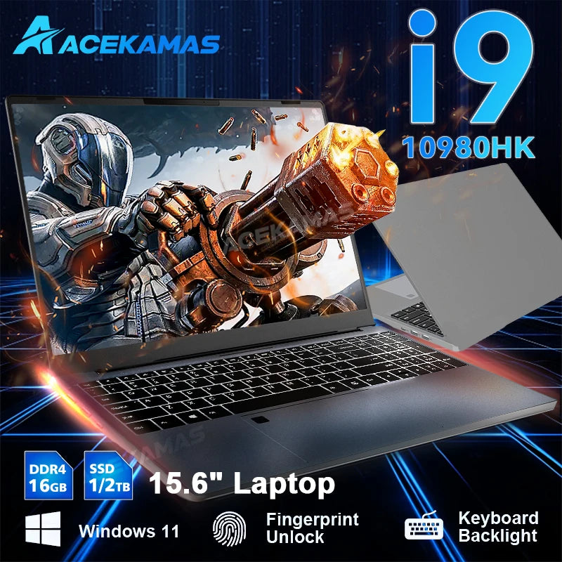 ACEKAMAS Gaming Laptop 15.6" – Intel Core i9 10980HK, 16GB DDR4, 1TB SSD, 4K IPS, Windows 11 Pro