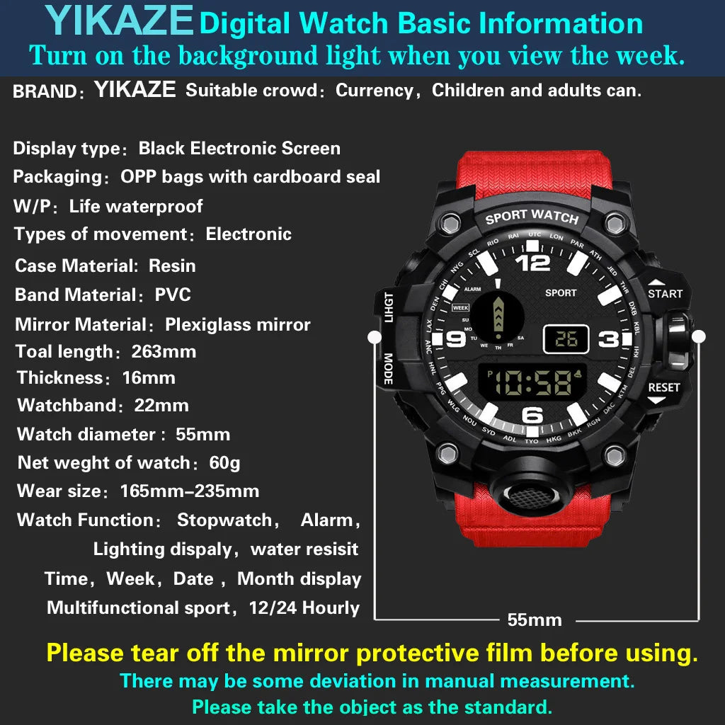 Men's sports electronic wristwatch by R.E.D. Shopping with large dial, waterproof design, luminous display, and alarm feature.