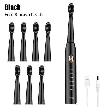 Rechargeable electric toothbrush with 5 modes and waterproof design, featuring a sleek handle and brush head for oral care.