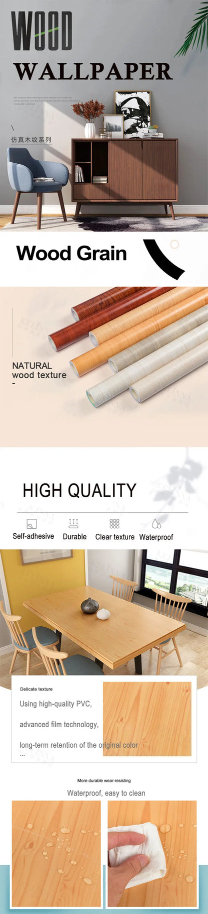 Self-Adhesive Waterproof Wood Effect Wallpaper Roll – PVC Vinyl