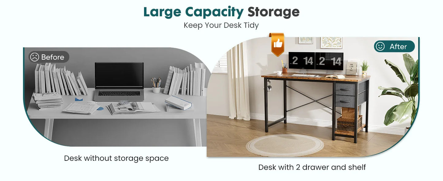 JHK Computer Desk with 2 Fabric Drawers | 40" & 47" Reversible Storage