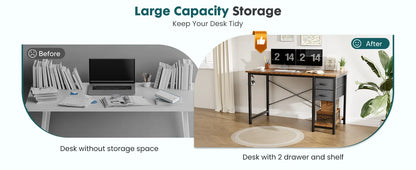 JHK Computer Desk with 2 Fabric Drawers | 40" & 47" Reversible Storage