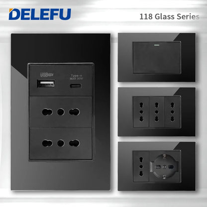 DELEFU Black Tempered Glass Wall Socket – USB Type-C Fast Charging Schuko & Italy
